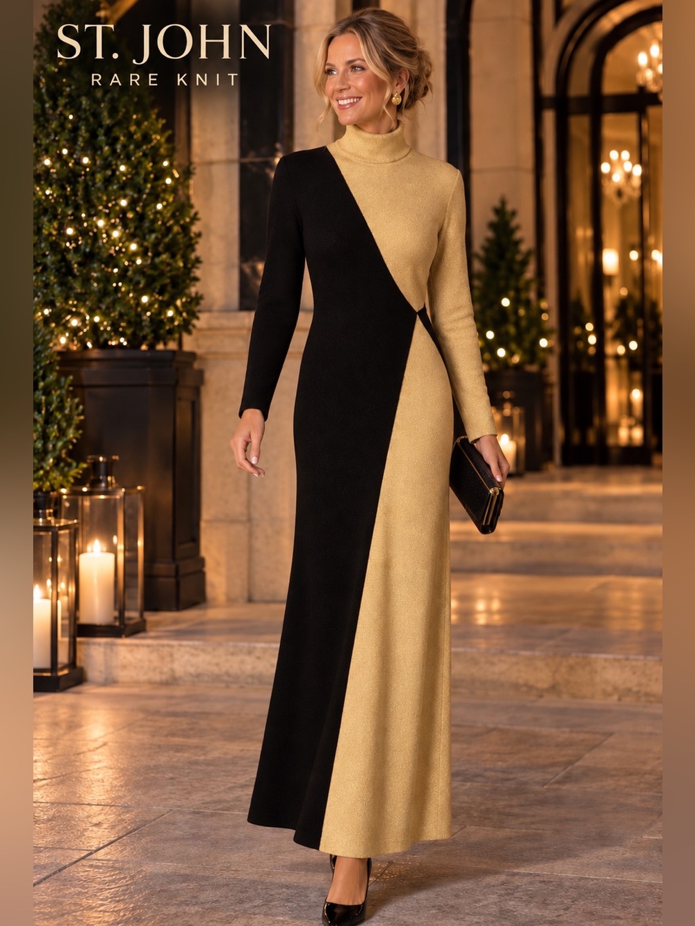 St. John Evening by Marie Gray Vintage Black & Gold Metallic Knit Maxi Dress
